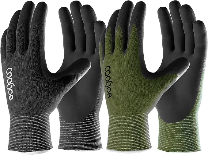 COOLJOB Gardening Gloves for Men, 2 Pairs Breathable Rubber Coated Garden Gloves for Weeding Landscaping, Outside Work Gloves for Lawn Yard, Men’s Medilum Size, Black & Green (2 Pack M)