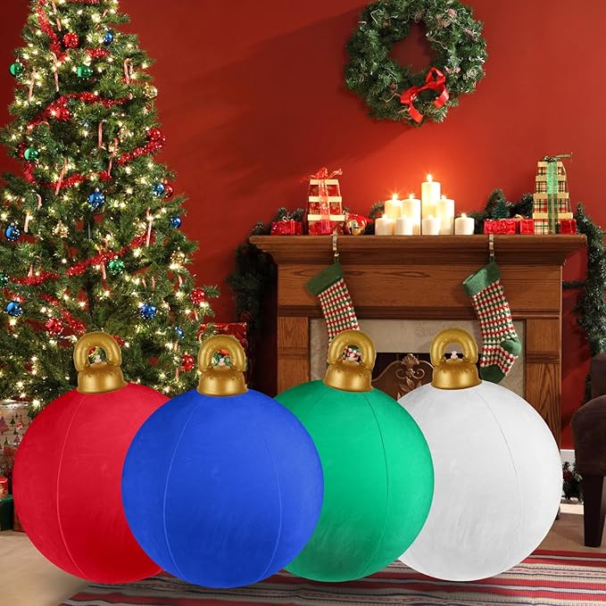 Velvet Inflatable Ornaments Balls Outdoor 4Pcs - 24 Inch Large Inflatable Christmas Ornaments, Reusable Blow Up Christmas Decorations for Yard | Tree | Indoor