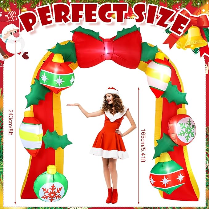 Leyndo 8FT Bow Christmas Inflatable Arch Archway Outdoor Decorations with LED Lights Built-in Giant Inflatable Bow Christmas Arch Blow up Yard Decorations for Outside Garden Lawn Holiday Party Decor