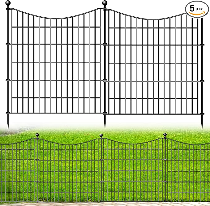 5 Panels No Dig Dog Fence Outdoor for Yard, 32 in(H) X 12 ft(L) Decorative Tall Garden Fence Animal Barrier, Rustproof Metal Wire Garden Edging and Borders, Temporary Fencing Stakes