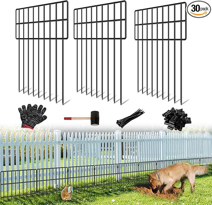 30 Panels Garden Animal Barrier Fence, 32.5ft(L) x 12in(H) No Dig Decorative Fence, 1.2in Spike Spacing Rustproof Metal Garden Fence Border for Dogs Rabbits, Bottom Blocker for Outdoor Yard