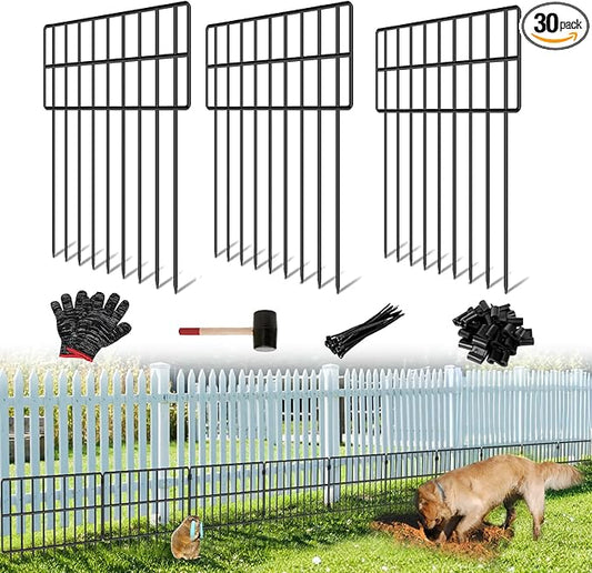 30 Panels Garden Animal Barrier Fence, 32.5ft(L) x 12in(H) No Dig Decorative Fence, 1.2in Spike Spacing Rustproof Metal Garden Fence Border for Dogs Rabbits, Bottom Blocker for Outdoor Yard