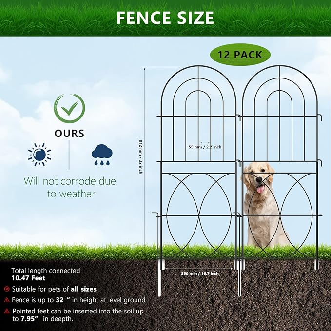 Decorative Garden Fence, No Dig Rustproof Metal Wire Fencing Border Animal Barrier, Flower Edging for Landscape Patio Yard Outdoor Decor… (XK-12PACK)