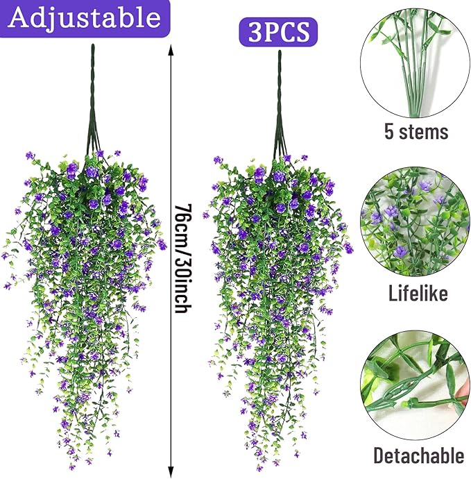 Artificial Hanging Flowers, 3 Pcs Fake Hanging Plants Artificial Vines for Outdoors, Fake Ivy Vine UV Resistant No Fade Faux Plants for Indoor Outside Garden Patio Yard Greenery Decoration (Purple)