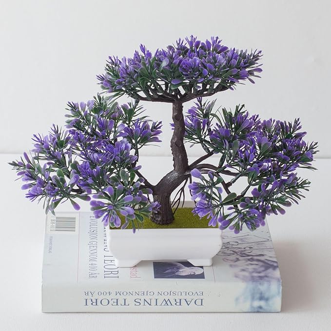 Mini Artificial Bonsai Tree Fake Plants - Artificial Plant Welcome Pine Treewith Plastic Cement Pots for Home Office Décor (Purple)