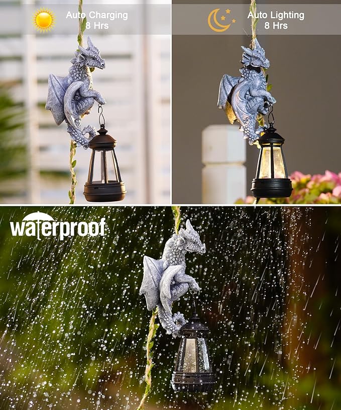 Nacome Dragon Outdoor Statues for Garden: Outside Hanging Climbing Sculptures with Lantern Decor for Yard Art Porch Balcony - Christmas Birthday Gifts for Grandma Mom Women