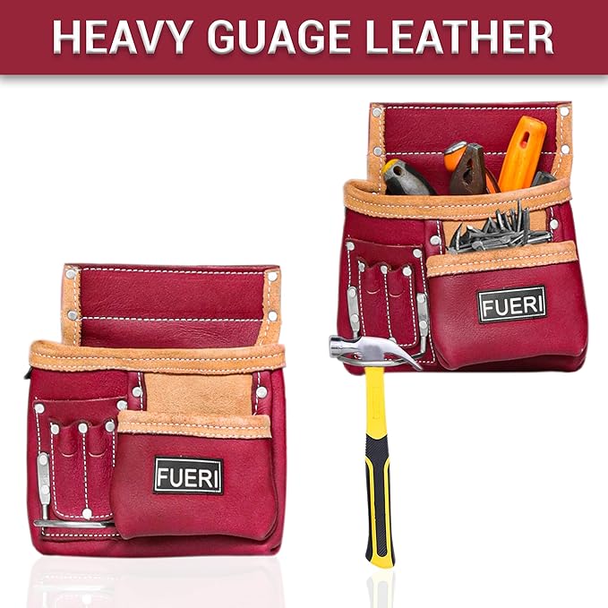 FUERI 11 Pocket Leather Tool Belt fot Men, Comess with Dual hammer holster Organizer for Carpenter, Construction, Electrician