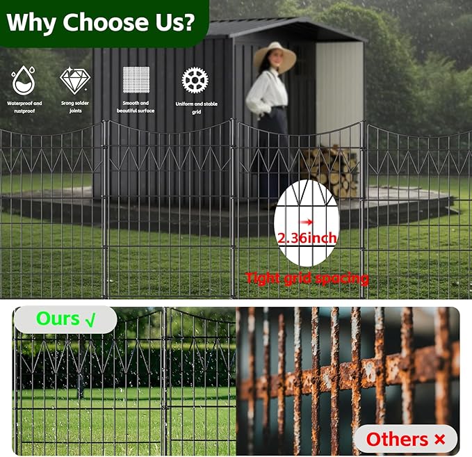 12 Panels No Dig Fence with gate, 40in(H)×27ft(L) Tall Decorative Fence Outdoor | Rustproof Metal Garden Fence Borders | Heavy Duty Reusable Defense Fence Panels for Yard, Patio, Black