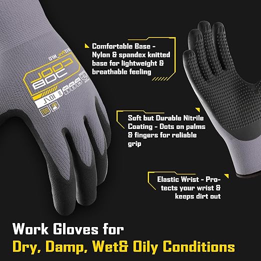 COOLJOB 3/6/12 Pairs Nitrile Rubber Coated Nylon Safety Work Gloves, Dotted for Non-Slip Grip, Breathable Soft Seamless Knit Nitrile Dipped Gloves for Warehouse, Home Improvement, Yard, Grey Large