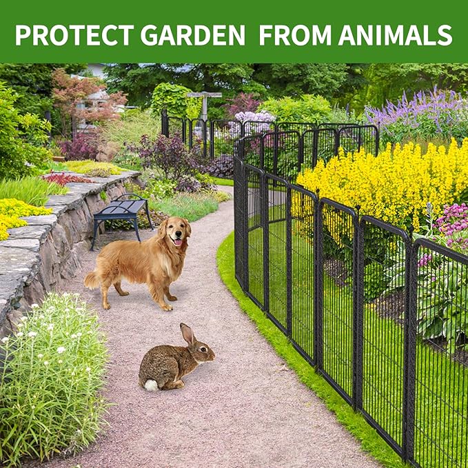Decorative Garden Fence 36ft (L)×32in (H) with 14 Panels 2 Gate Outdoor, No Dig Rustproof Wire, Metal Animal Barrier Fencing for Yard Patio Flower Bed,（Black-Silver）