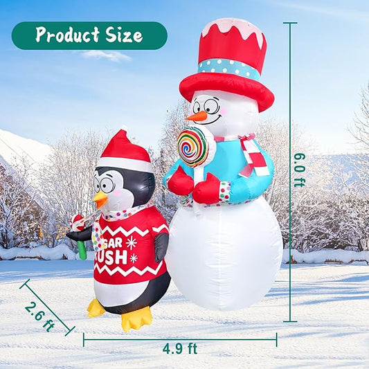 6FT Inflatable Christmas Snowman Decorations Blow Up Penguin Lollipop Outdoor Xmas Decor Inflate Cute Santa with LED Light for Indoor Outside Yard Garden Lawn Porch Patio Holiday Party