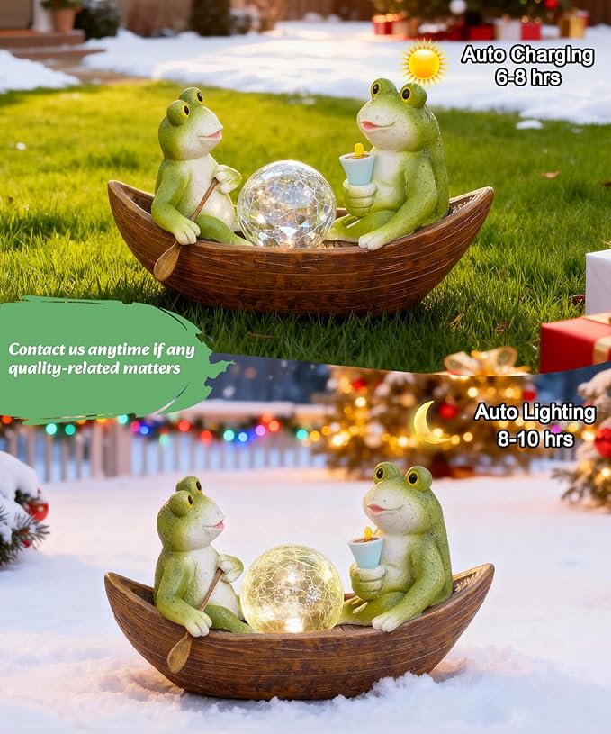 Solar Frogs Boating Statue Garden Decor: Outdoor Sculpture Lights Decorations Art Ornament Yard Lawn Backyard - Ideal Gifts for Women Mom Grandma