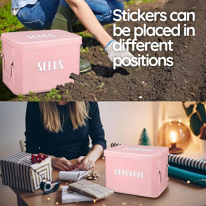 Flexzion Tin Storage Box with Removable Tray, 8 Inch Seed Organizer Box and Metal Seed Holder Organizer with Hinged Lid, Toolbox Container for Crafts, Hardware, Tools, Essentials, Pink