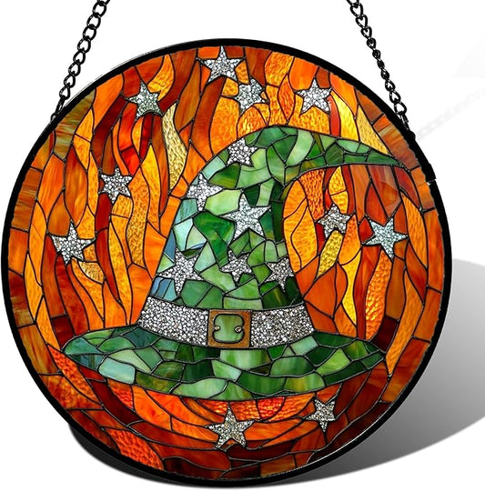 Stained Glass Window Hanging - Halloween Decorations Witch Hat Suncatcher for Doors Garden Indoor Spooky Funny Green Sun Catchers Gothic Decor Horror Gifts for Women Men Friend 9.8 in