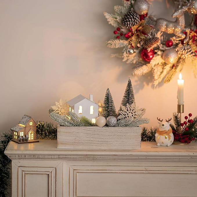 NUPTIO Wooden Box Centerpiece for Table: 2 Pcs 11.8" Long Wood Rectangle Planter Boxes - Farmhouse Washed White Planters for Fall Wedding Dining Living Room Window Mantel Table Decor