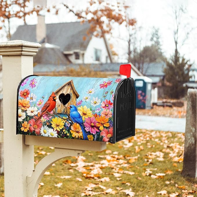 Spring Summer Birds Mailbox Cover Magnetic Standard Size 21x25.5 Inch Welcome Floral Mailbox Wraps Post Box Cover Decoration Outdoor Garden Home Yard Outside