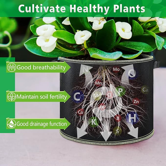 LINERY 10-Pack 7 Gallon Grow Bag Planting Black Heavy Duty Thickened Grow Bag with Handles Non-Woven Fabric Plant Pots (10-Pack 7 Gallon)