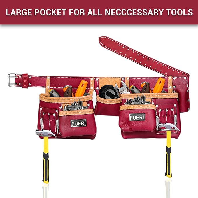 FUERI 11 Pocket Leather Tool Belt fot Men, Comess with Dual hammer holster Organizer for Carpenter, Construction, Electrician