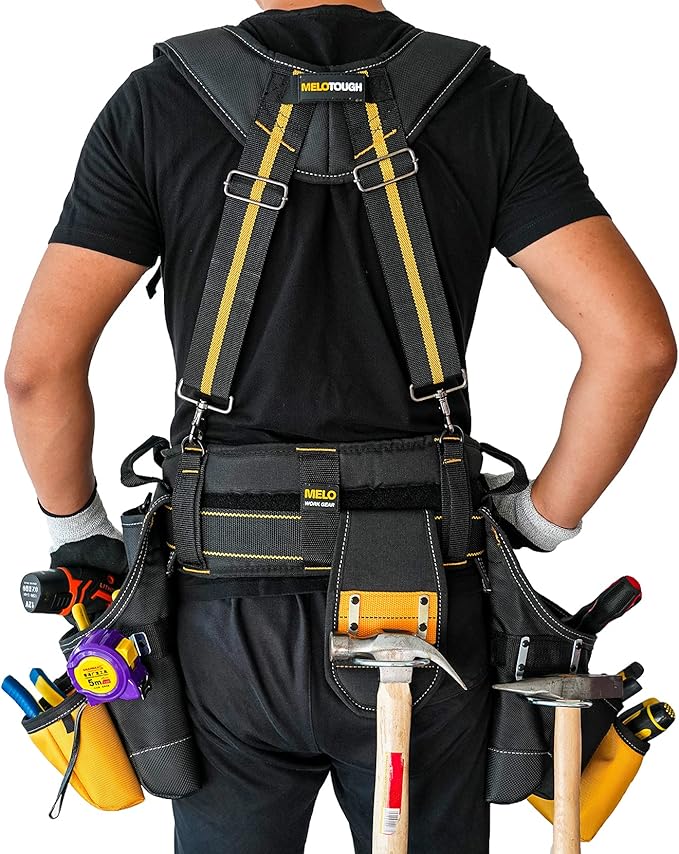 MELOTOUGH 28-Pocket Pro Framer's rig Combo Apron Tool Belt and Heavy Duty Padded Suspenders with Magnetic Desinger for Technician/Carpenter/and Electrician's Tools（Yellow)