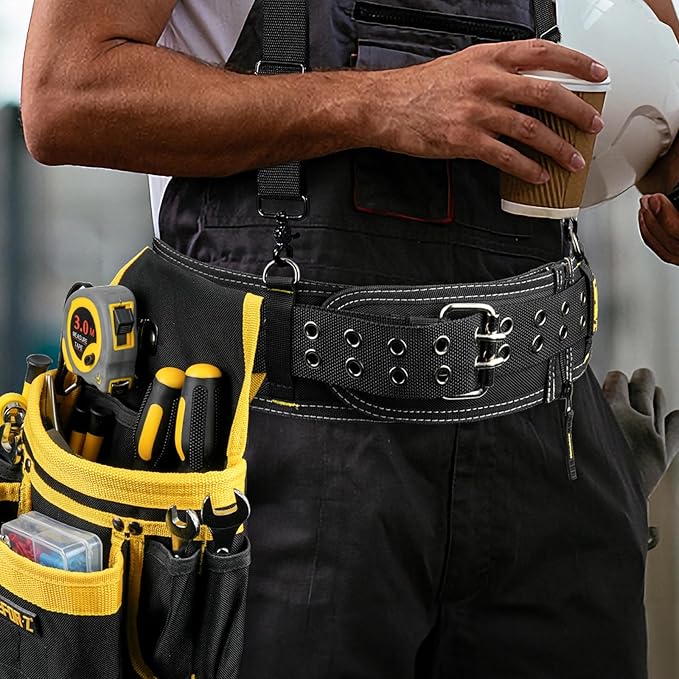Padded Tool Belt,4-Inch Heavy Duty Tool Belts for Men with 5 Suspenders Ring,Work Belts for Electrician,Carpenter,Construction,Utility Belt,Adjustable Waist 34''-47''(Pouch not Included)