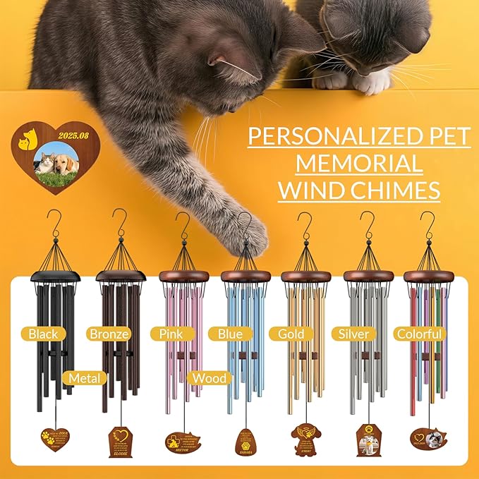 Personalized Pet Memorial Wind Chimes Custom - Custom Dog Memorial Wind Chime - Bereavement Gift for Pet Loss, Healing Wind Chimes for Loss of Cat (Heart Shape)