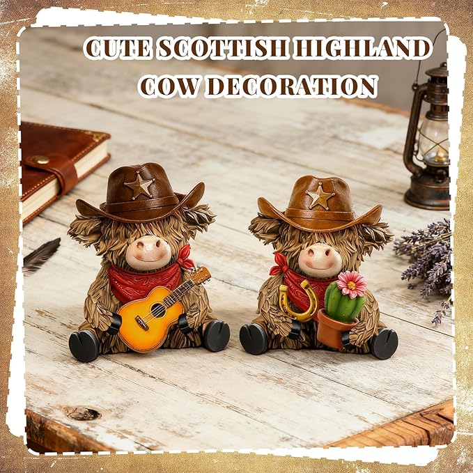 2 Pcs Highland Cow Figurines Decor Cowboy Gnomes with Western Cowboy Hat Resin Statue Calf Lovers Gifts for Farmhouse Home Garden Bathroom Kitchen Office Tiered Tray Table Decor