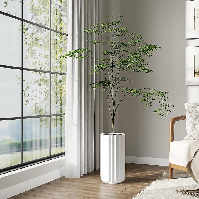 DTY Signature Mount Elbert 1-Piece Fluted Fiberstone Planter for Indoor/Outdoor, White, 16" H x 11.5" Dia (9.75" Opening) - Small