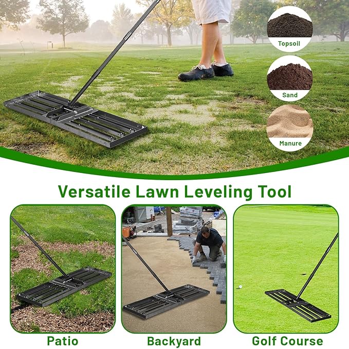 Lawn Leveling Rake 34"x9.5",Lawn Leveling Tool with 68" Long Adjustable Stainless Steel Handle for Leveling Soil,Grass,Sand or Dirt,Heavy Duty Lawn Leveler for Backyard,Garden,Golf Course,Farm,Pasture