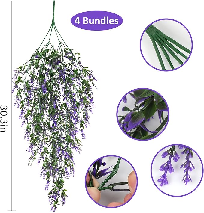 RECUTMS Artificial Flowers for Outdoor, Hanging Plant UV Resistant Lavender, Fake Plants Greenery Vines Flowers for Indoor Garden Porch Window Patio Hanging Planter Home Party Wedding Decor(Purple)