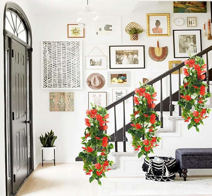 FERIAL Artificial Vines 15Feet Silk Flower Garland for Outdoors Red Morning Glory Vine Artificial Flowers Hanging Plants Garland Fake Green Plant 2Pcs for Wall Fence Indoor Wedding Banquet Decor