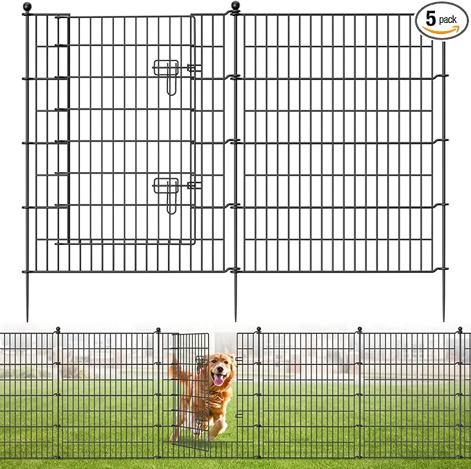 5 Panels No Dig Decorative Garden Fence with Gate, 40 in(H) X 11.8 ft(L) Outdoor Dog Rabbits Fence, Animal Barrier Pet Fencing Rustproof Metal Wire Panel Border for Yard, Patio, Flower Bed