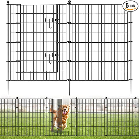5 Panels No Dig Decorative Garden Fence with Gate, 40 in(H) X 11.8 ft(L) Outdoor Dog Rabbits Fence, Animal Barrier Pet Fencing Rustproof Metal Wire Panel Border for Yard, Patio, Flower Bed