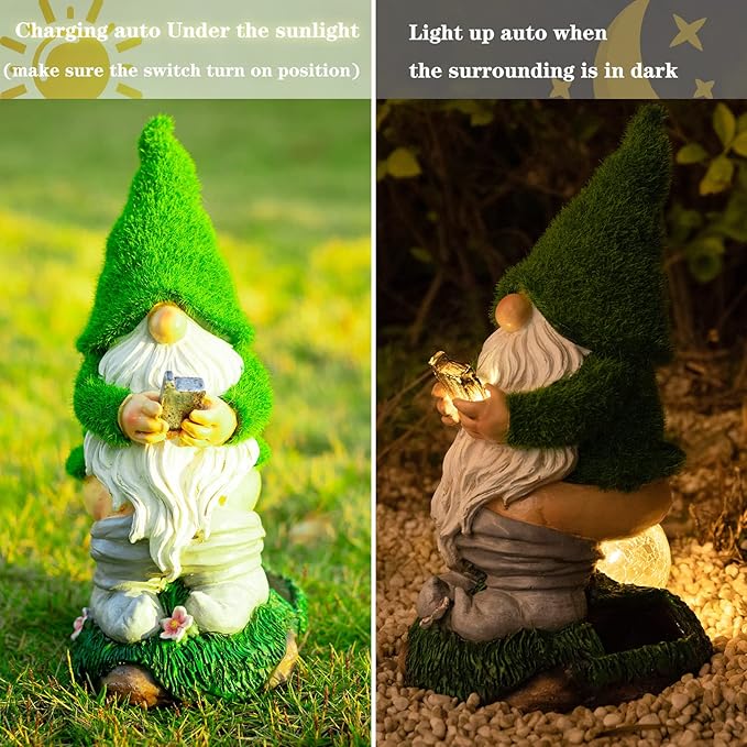 Garden Gnome Statues - Resin Gnome Figurine Sitting on Solar Crackle Glass Globe Lights, Funny Garden Ornament for Patio Yard Lawn Porch Outdoor Decor