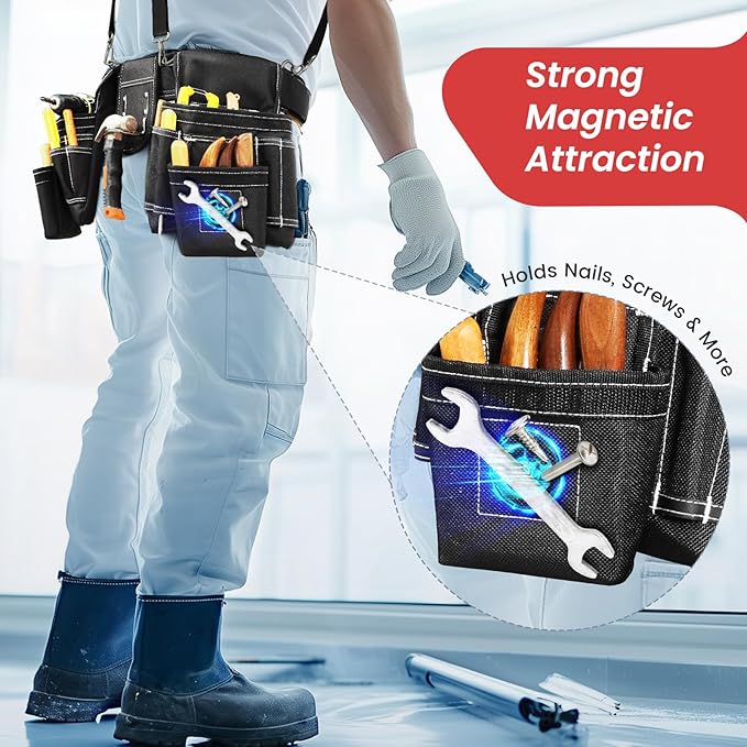 Tool Belt, Professional Tool Belts for Men, Magnetic Tool Pouch With Suspenders, Heavy Duty Detachable Adjustable Utility Belt Work Bags for Electrician, Carpenter (Black, 32''-66'')