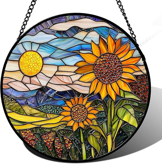 Stained Glass Suncatcher, Sunflower Flowers Landscape Sun Catcher Plant Mountains Stain Glass Window Hanging Decoration Mother's Day Birthday Gifts for Women Men Mom Nana 7.8 in