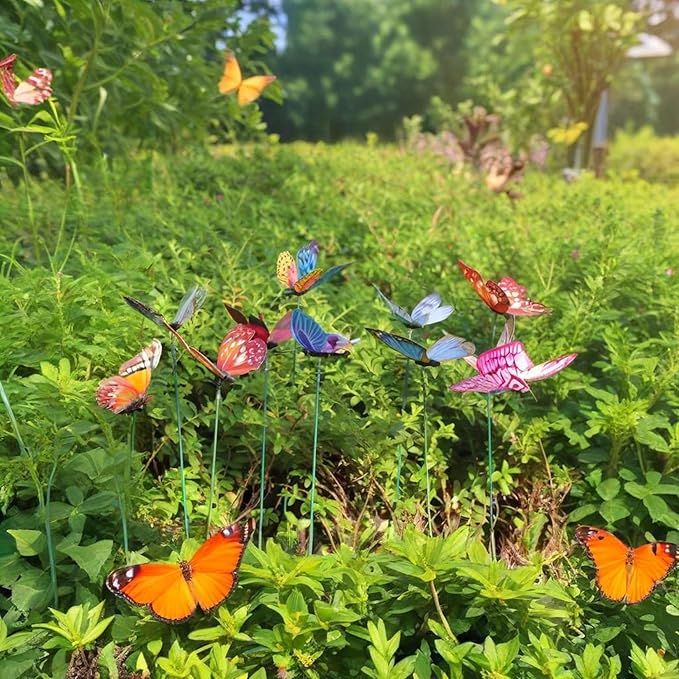 50pcs Glow in The-Dark Butterfly Garden Posts -3.2inch Colorful Butterfly Decorations for Outdoor Gardens, courtyards, Flower beds, Indoor planters, Party Decorations - Waterproof Material