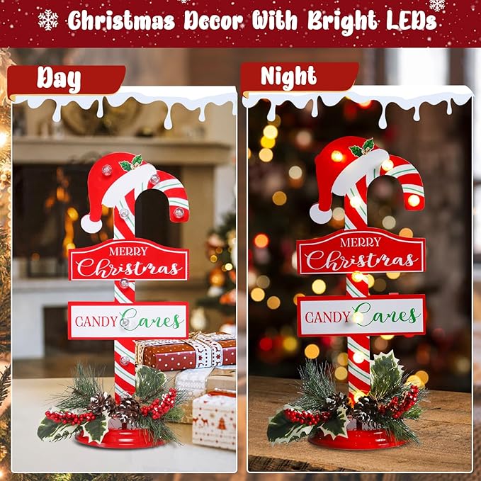 Vigdur Christmas Candy Cane Decoration - 16" Pre-Lit Metal Candy Cane Table Ornament with LED Lights & Timer, Battery Operated Light Up Christmas Sign for Indoor Mantel Shelf Holiday Home Décor
