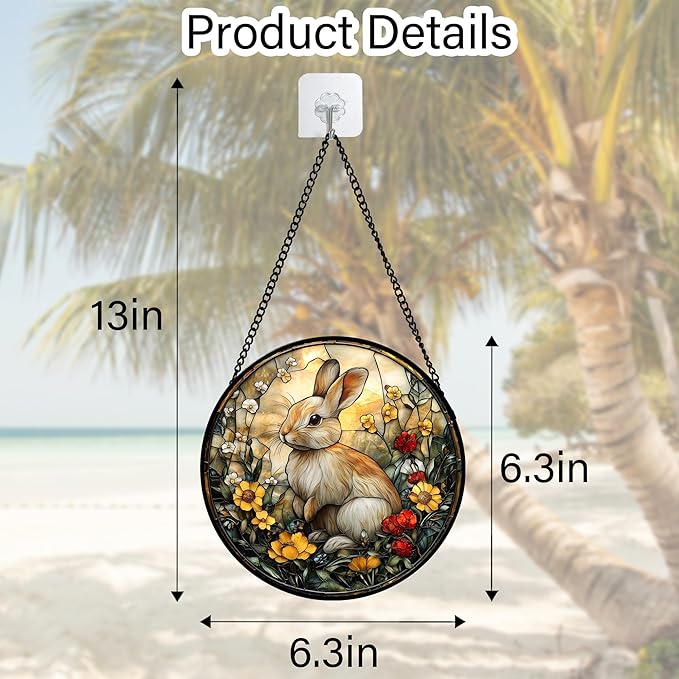 Stained Glass Window Hanging - Rabbit Flowers Suncatcher Ready to Hang Window Doors Home Decoration, Easter, Mother's Day Birthday Gifts for Women, Men, and Mom 6.3x6.3 in