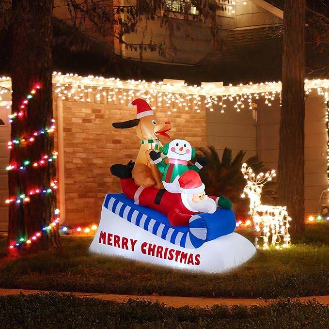 eUty 6ft Christmas Inflatable Outdoor Decoration Lighted Skiing Santa Snowman and Dog Waterproof Christmas Blow Up Yard Decorations for Xmas Holiday Party Yard Garden Lawn Decor