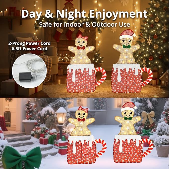 42" H Lighted Gingerbread Outdoor Christmas Decorations, Pre-lit Gingerbread Boy & Girl in Hot Cocoa Mug Ornament, 2D Holiday Decors for Lawn Porch Yards, 160 LEDs, Set of 2