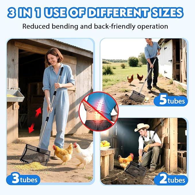 XOTTI 12 Inch Large Chicken Poop Scooper & Rake 2-in-1, Metal Chicken Coop Scoop with 36 to 75" Adjustable Stainless Steel Handle, Durable Sand Litter Sifting Shovel for Farm Animals