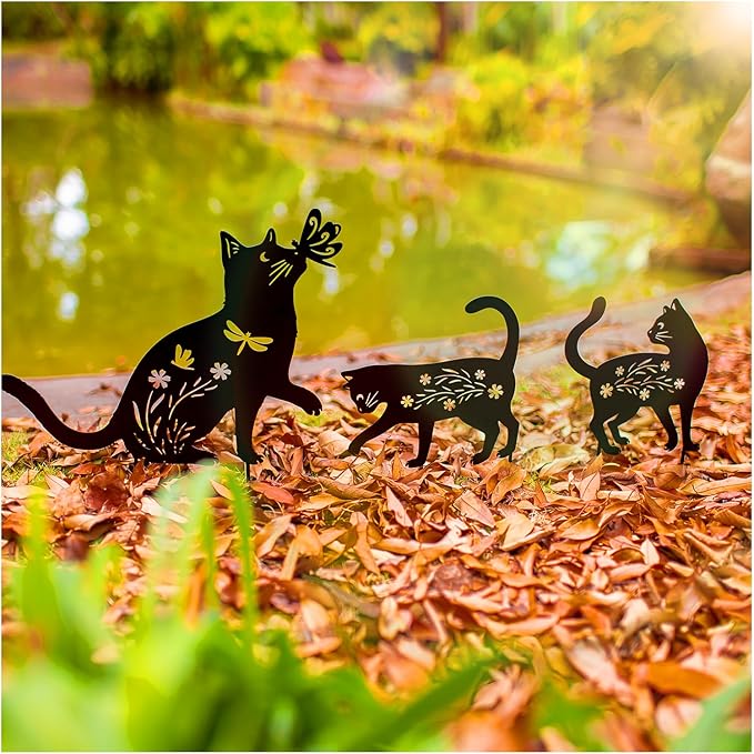 Cat Metal Decorative Garden Stakes Cat Gifts for Women Men Mom Birthday Gifts Silhouette Statues for Garden Decor, Yard Art, Patio, Outside, Lawn Ornaments, Outdoor Decorations