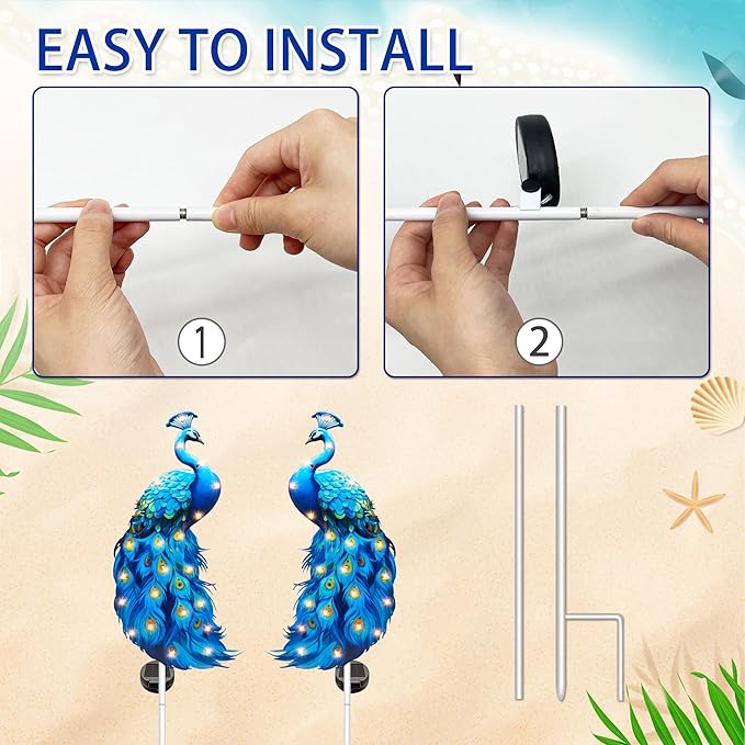 Hexagram Peacock Garden Decor, Peacock Solar Garden Stakes Set of 2, Metal Blue Waterproof Solar Decorative Lights Decorations for Outdoor Outside Yard Lawn Porch Patio Pathway 11.8x6 Inch