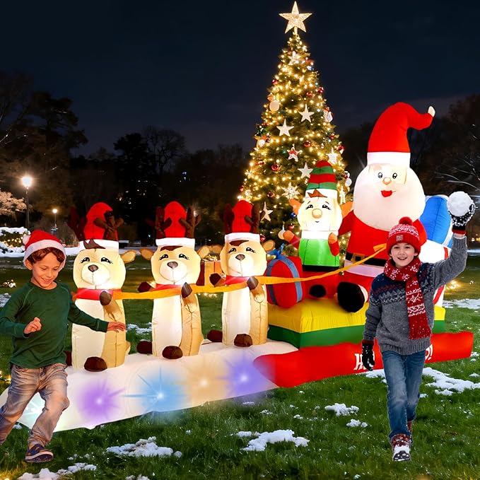 10FT Three Elks Pulling Santa Claus on a Sleigh Christmas Decoration with Built-in LED Lights, Christmas Outdoor Inflatable Decoration for Lawns, Yards, Gardens, and Patios