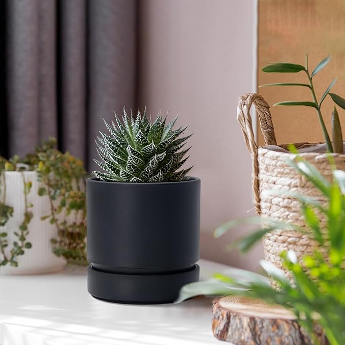 4 Inch Modern Plastic Round Pots for Indoor Houseplants and Herbs, Pack of 3 Planter Pot with Drainage Hole & Saucer, Deep Water Catch Tray, Straight Cylindrical Pot for Plants, Matte Black, 23-D-R-2