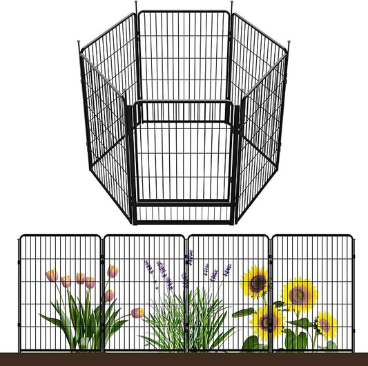 SunsGrove Tall Garden Fence with Gate, 40 in(H) x 13.4 ft(L) 6 Panels Heavy Duty Metal Animal Barrier Fence for Yard, Suitable for Indoor or Outdoor Dog Pet Fence, Garden Fence Border, Black