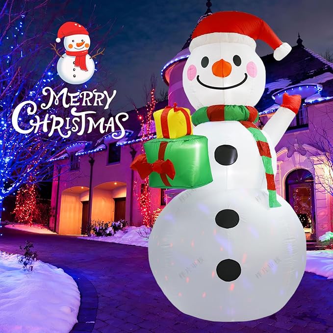 8FT Christmas Inflatable Outdoor Decoration Christmas Snowman with Gift Boxes Built-in Colored Lights & LED Lights Suitable for Yard, Lawn, Outdoor Holiday Party Decorations、