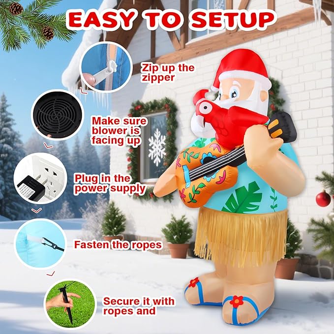 6.4FT Christmas Inflatables Santa Claus Playing Guitar Santa Parrot Outdoor Decorations Blow Up Yard Xmas Decor with Built-in LED Lights for Holidays Lawn Home Indoor Outside