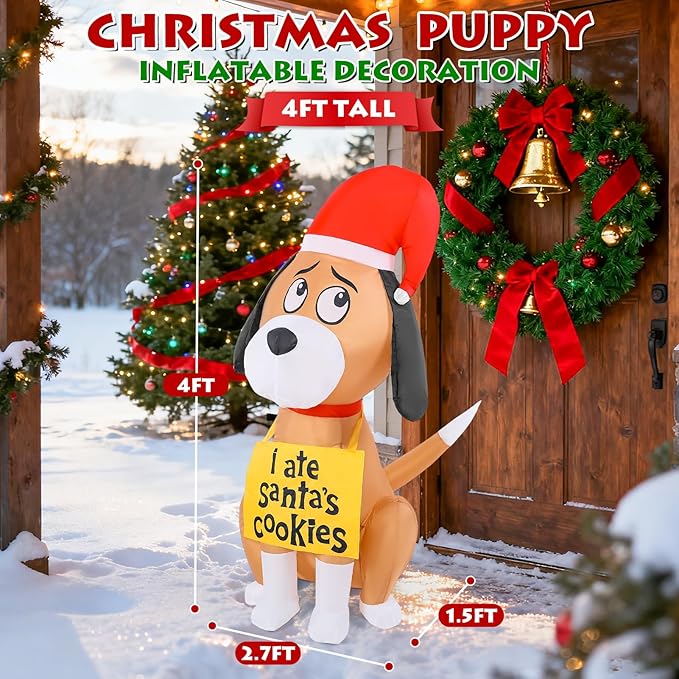 Christmas Inflatable Outdoor Decorations, 4FT Inflatables Cute Dog Yard Decorations Decor with 2 LED Lights, Blow up Santa Puppy Holiday Decor for Indoor Outside Lawn Garden