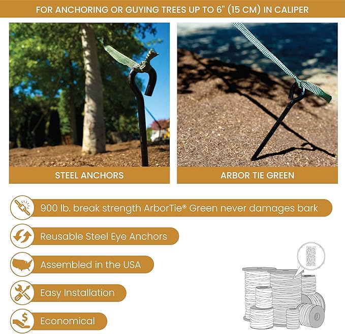 DeepRoot ArborTie Heavy-Duty Ground Anchoring Kit for Tree Support, Includes Three 10’ ArborTie Green and Three 15” Steel Eye Earth Anchors, Versatile Tree Stake Kit, Landscaping Stakes (AT HD15)